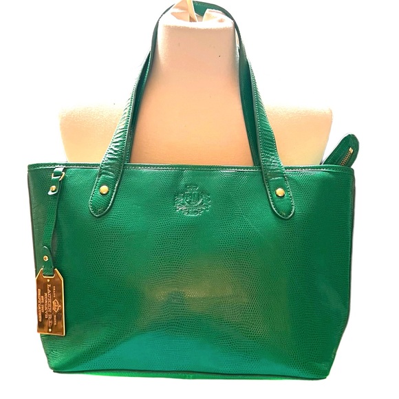 Ralph Lauren Green Textured Leather Zip Satchel 13x9x4.5” - Picture 3 of 15